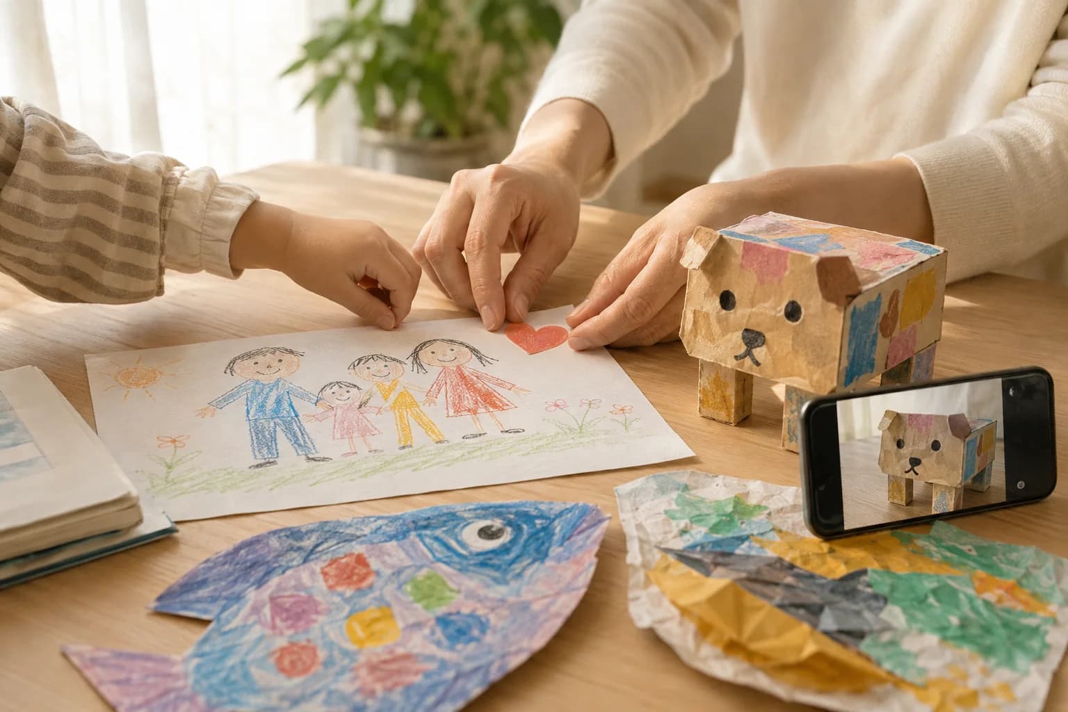 親子で子どもの絵を選び、工作をスマートフォンで撮影して思い出を残す様子