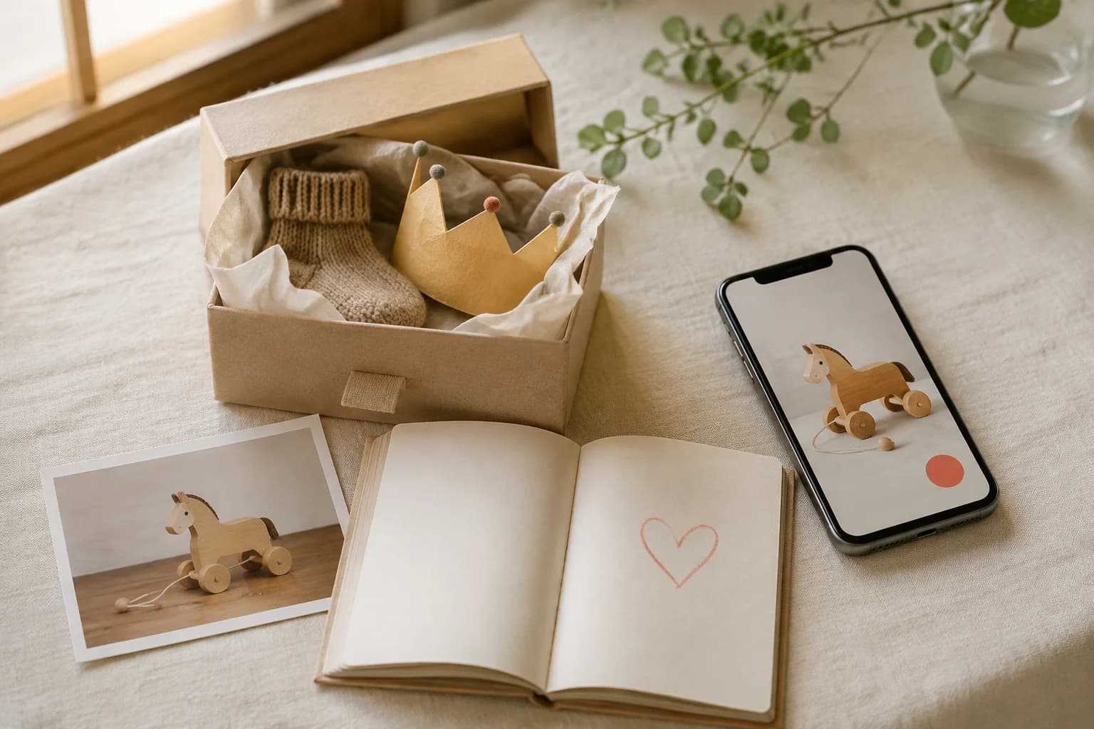 思い出箱、木馬の写真、ノート、スマートフォンを並べて思い出の残し方を考える様子