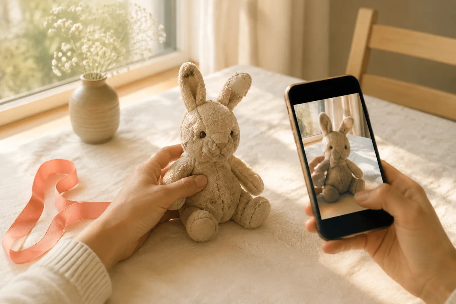 使い込まれたうさぎのぬいぐるみを手に取り、スマートフォンで思い出の写真を撮る様子